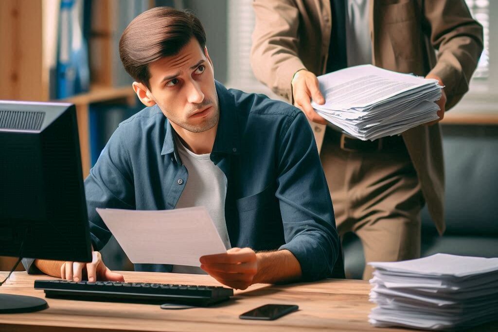 書類に困る男性