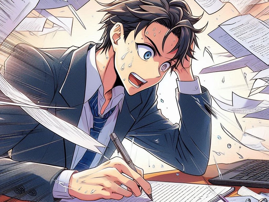 書類の山で焦っている男性