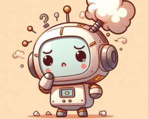 可愛いロボットのキャラが悩み過ぎて頭から煙を吹いて困っている