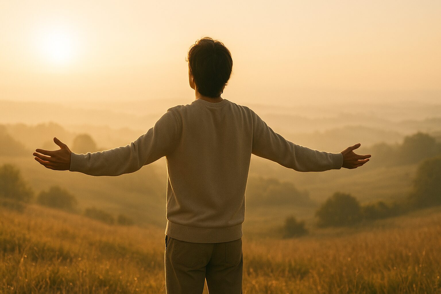 両手を広げる男性