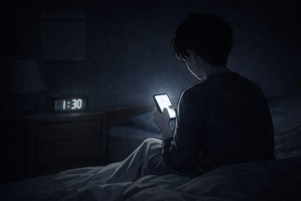 寝れずにスマホを見る